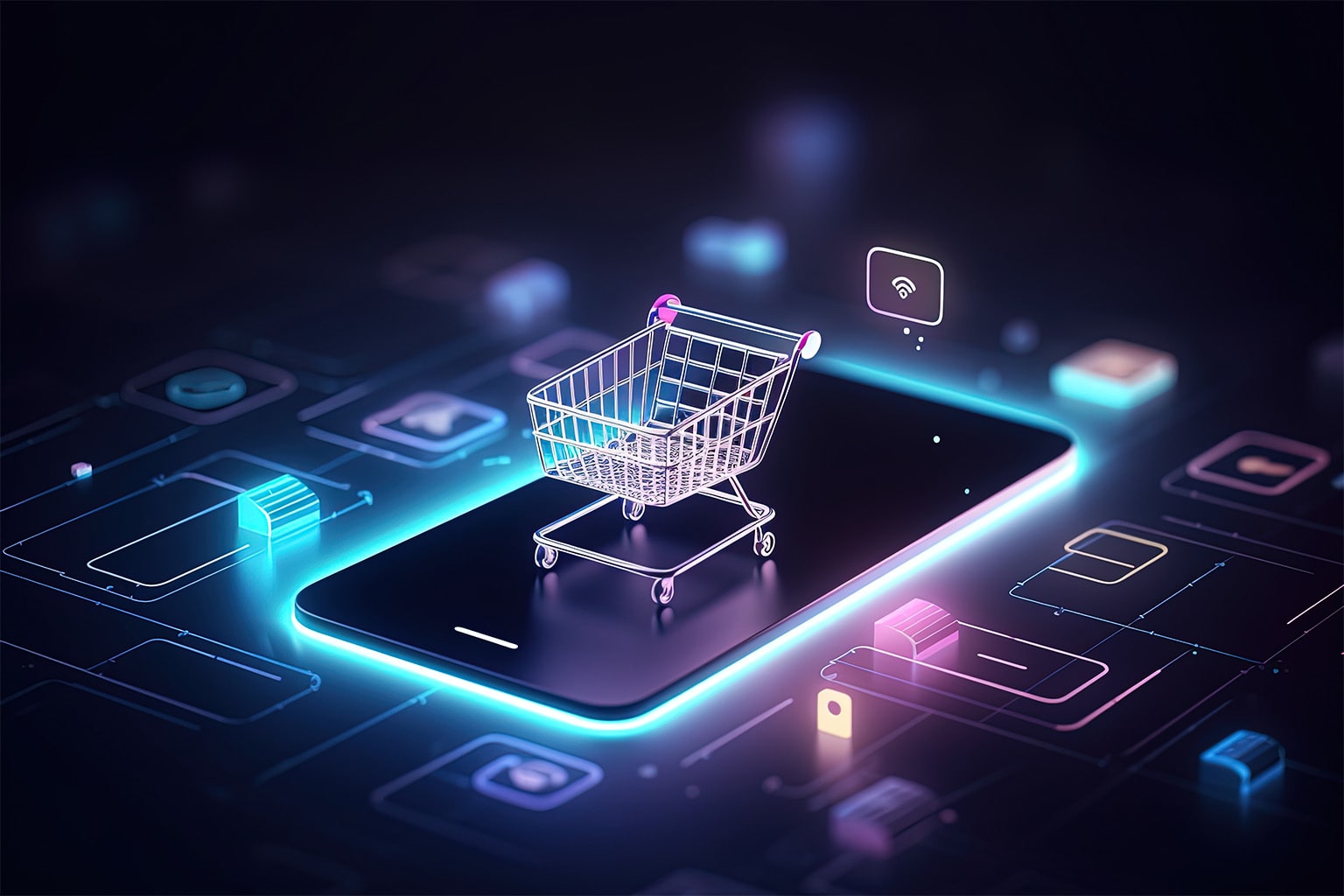 Shopping cart representing e-commerce and retail features of NetSuite and QuickBooks