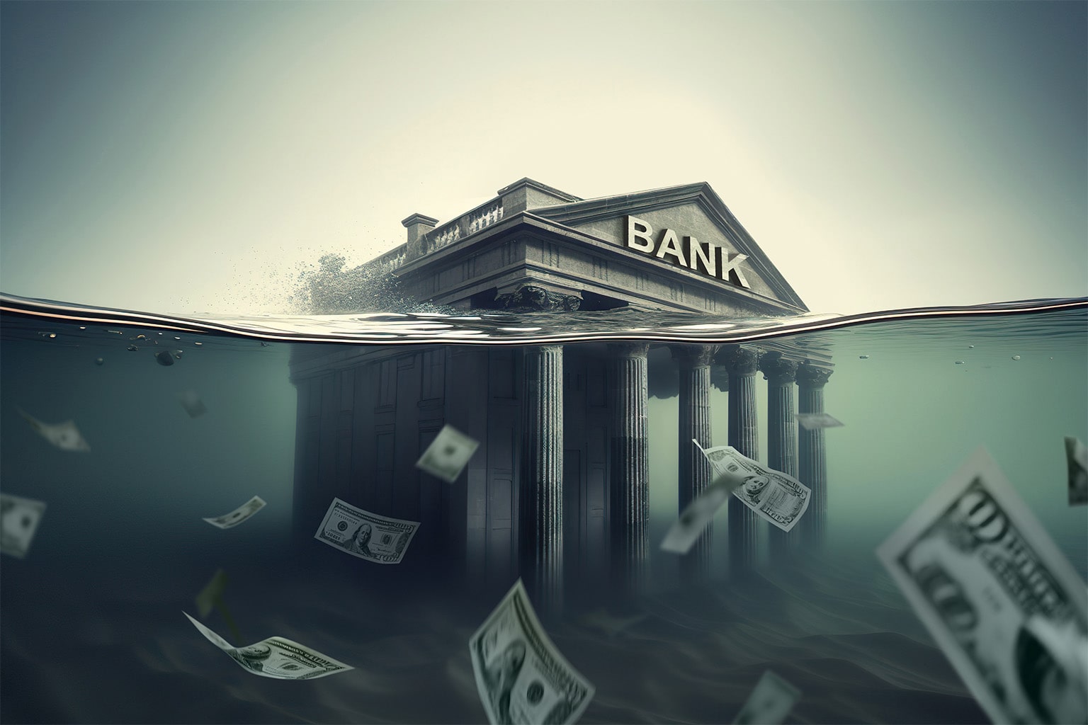 Bank under water representing excessive debt during an economic downturn