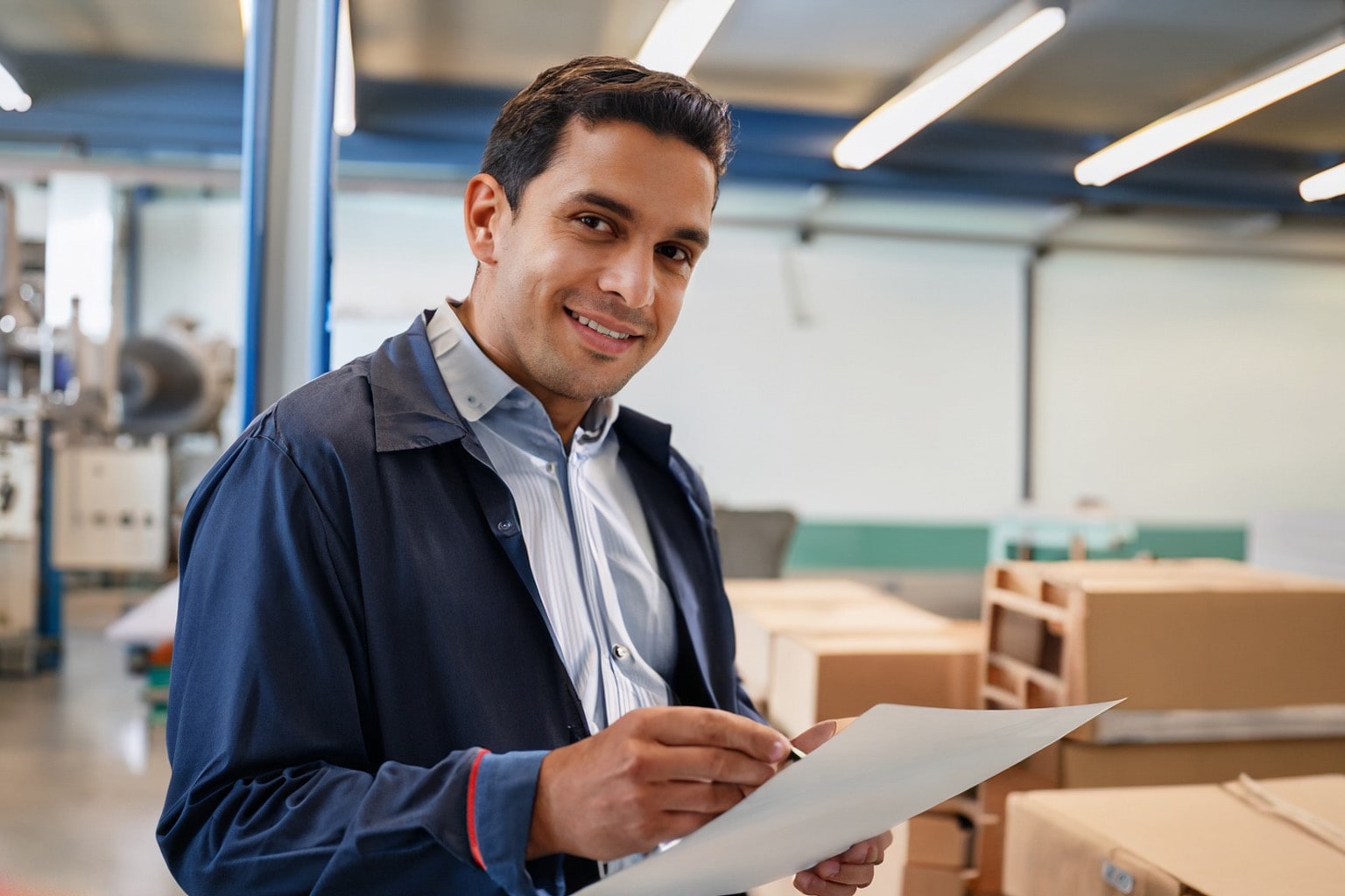 Manufacturing business owner looking satisfied